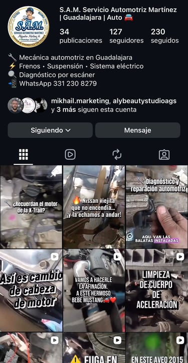 Perfil de Instagram de S.A.M. Servicio Automotriz Martinez que muestra videos de reparación mecánica