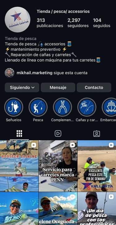 Perfil de Instagram de Vallarta Fishing Center que muestra artículos de pesca y servicios de alquile