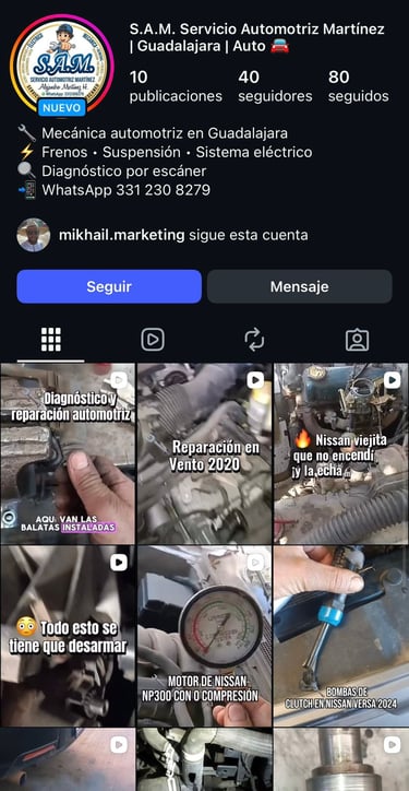 Perfil de Instagram de S.A.M. Servicio Automotriz Martínez presentando videos de reparación de autos