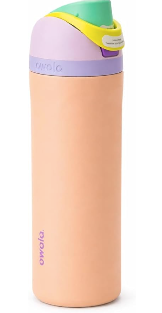 Owala FreeSip insulated stainless steel water bottle in a peach and purple pastel color palette.