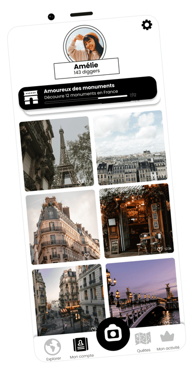 Capture d'écran de l'application Diggers montrant le mur d'un utilisateurs avec des photographies de Paris