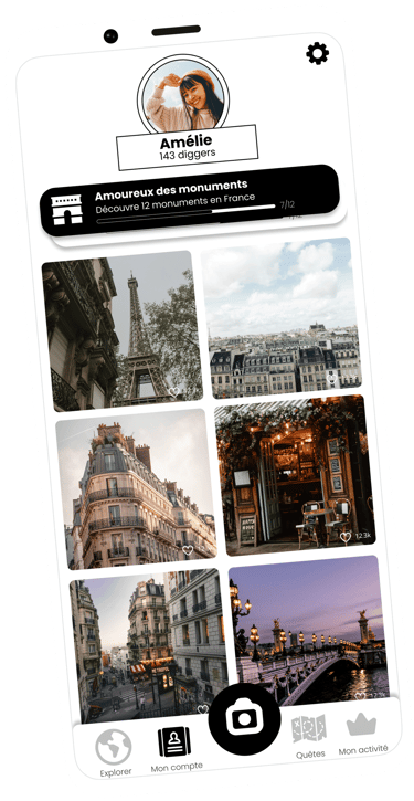 Capture d'écran de l'application Diggers montrant le mur d'un utilisateurs avec des photographies de Paris