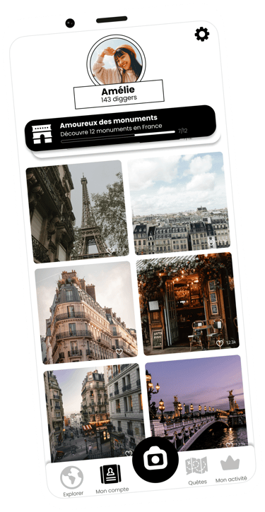 Capture d'écran de l'application Diggers montrant le mur d'un utilisateurs avec des photographies de Paris