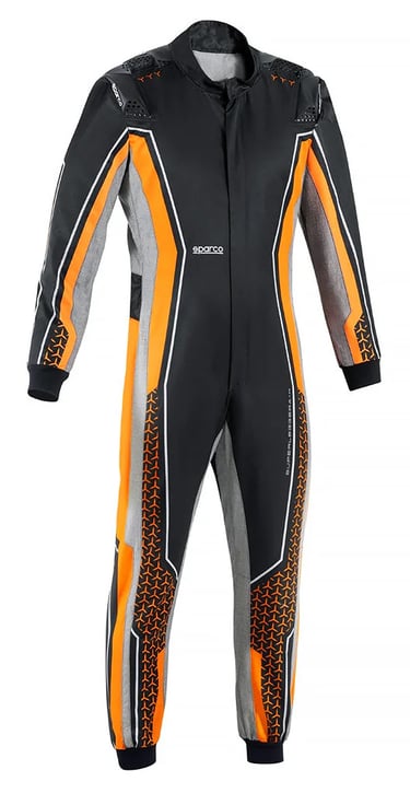 Sparco racing suit in black and orange with gray accents for professional motorsport drivers.