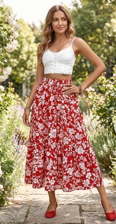 Falda maxi escalonada · Estampado floral rojo · Cintura elástica · Estilo boho-romántico