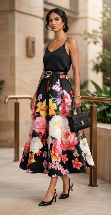 Falda midi de tablas · Estampado multicolor · Cintura alta · Estilo floral negro