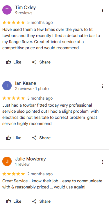 Customer reviews for Starmo Auto Electrics towbar installations