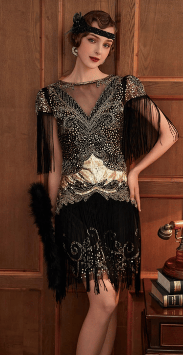 BABEYOND Flapper 1920s Gatsby Womens Long Fringed Sequins Art Deco Dress