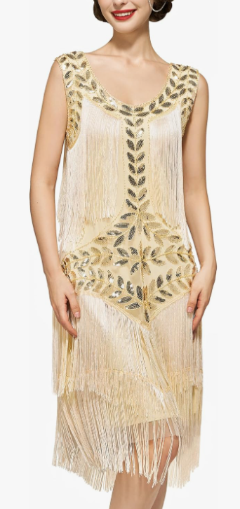 SWEETV 1920s Sleeveless Flapper Dresses Scoop Neck Great Gatsby Dresses Fringed Sequin Roaring 20s