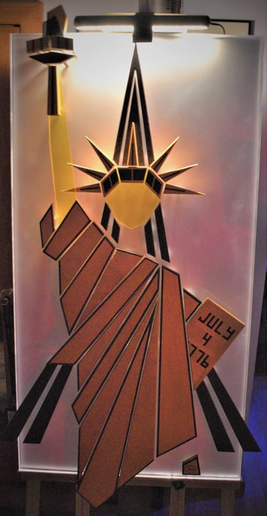 LADY LIBERTY night-light pic-art on clear plexi-white back-richWOODart.com-28"x49"-31 lbs.
