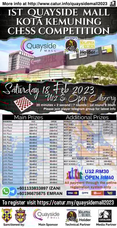 Quayside Mall Kota Kemuning Chess Tournament. Chess Malaysia. Malaysia Chess 2023. 