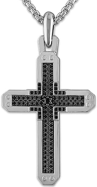  Men's Rhodium Plated Sterling Silver Cross Pendant Necklace with Black Diamond Inlay