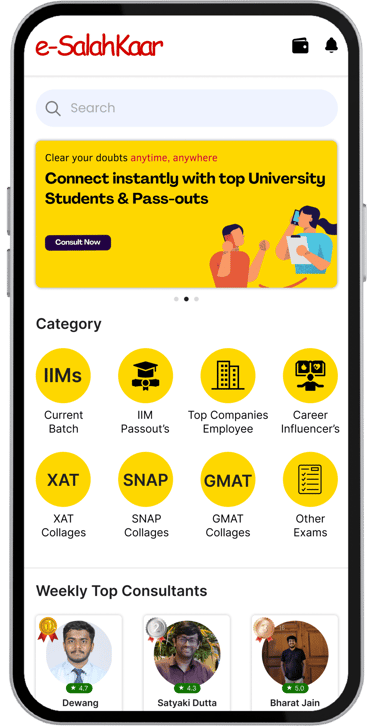 “A mobile app interface of e-Salahkaar displaying a homepage with a search bar, banner promoting ins