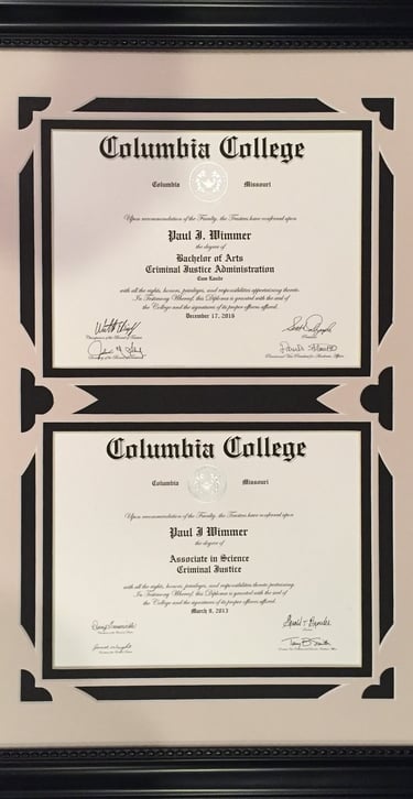 Framed Columbia College Bachelor and Associate degrees in Criminal Justice awarded to Paul J. Wimmer.