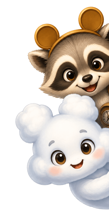 Cute raccoon wearing golden mouse ears and a fluffy white cloud character peeking from behind a wall.