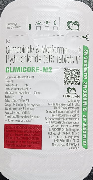 Glimicore-M2 medication blister pack for Glimepiride and Metformin Hydrochloride SR tablets.