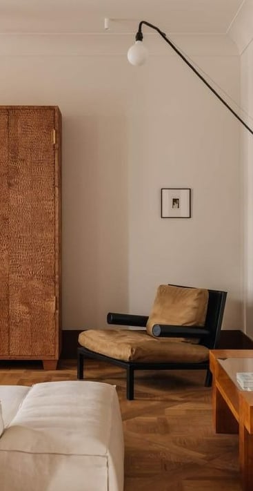 salon avec canapé, armoire et fauteuil, ambiance boisée