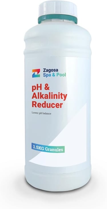 A 1.5kg bottle of Zagosa Spa and Pool pH and Alkalinity Reducer granules for lowering water pH balance.