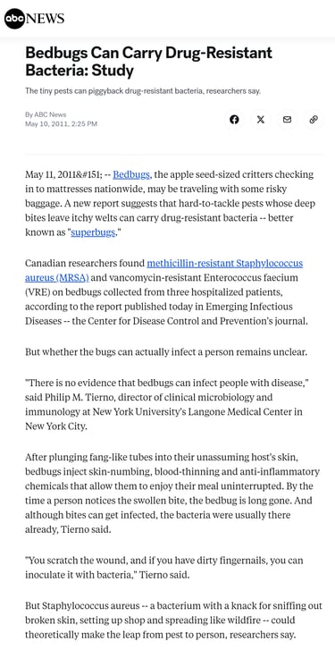 Study concluding bedbugs are carriers of drug-resistant bacterias.