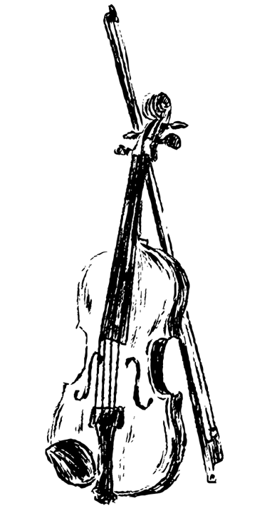 Line drawing of a fiddle and bow.