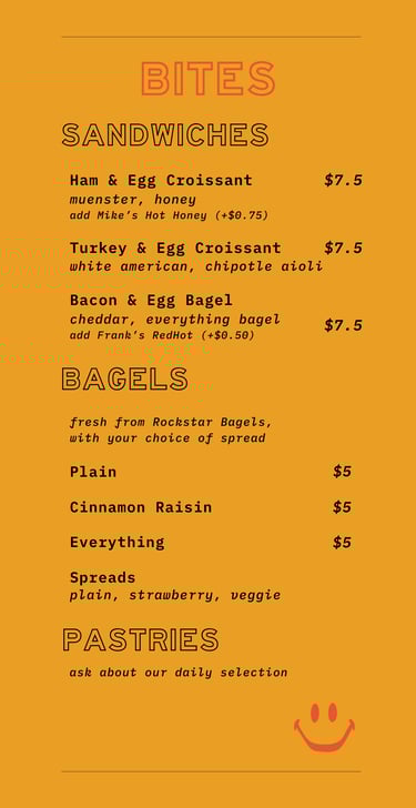 Food menu includes bagels and croissant breakfast sandwhiches