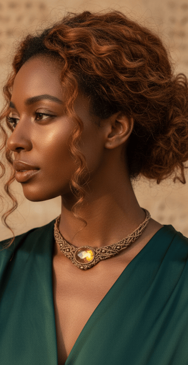 Mujer usando un collar fino de macramé hecho a mano con una piedra ámbar.