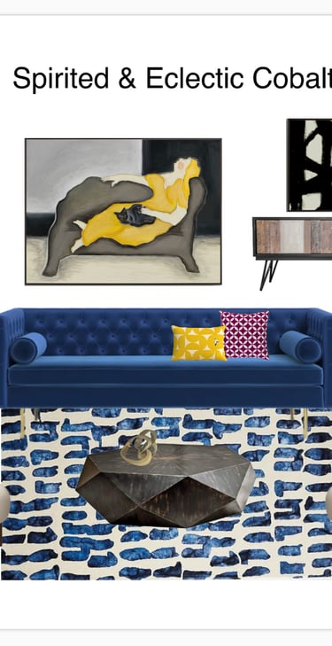 Premade living room, moon board, cobalt, blue affordable, interior design, Eclectic home decorating