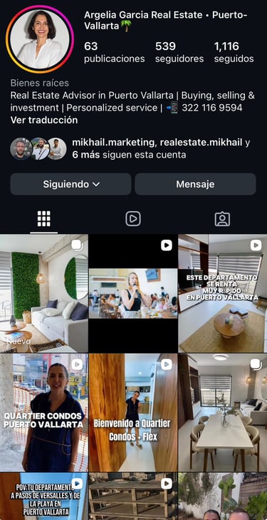 Perfil de Instagram de Argelia Garcia Real Estate, que presenta condominios de lujo y listados de pr
