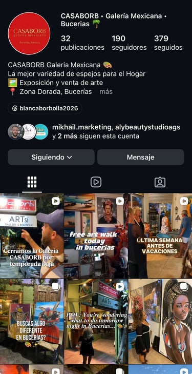 Perfil de Instagram de Casaborb Galería Mexicana en Bucerías, donde se muestran coloridas exposicion