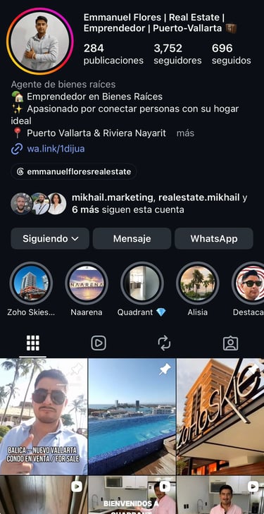 Perfil de Instagram de Emmanuel Flores, agente de bienes raíces en Puerto Vallarta y Riviera Nayarit