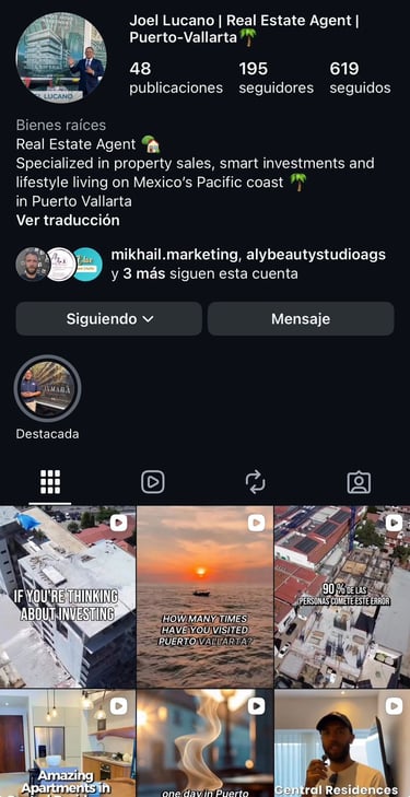 Perfil de Instagram de Joel Lucano, agente inmobiliario especializado en la venta e inversión de pro