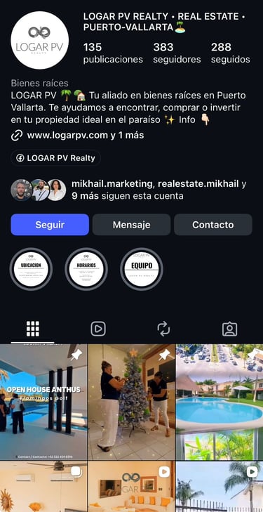 Perfil de Instagram de Logar PV Realty que muestra listados de propiedades inmobiliarias en Puerto V