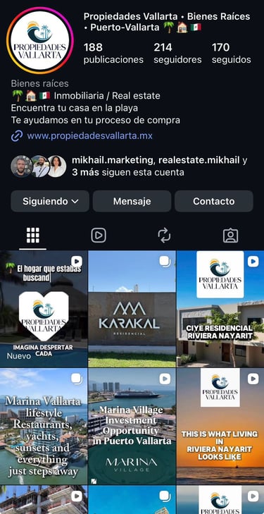 Instagram profile for Propiedades Vallarta real estate agency showcasing luxury property listings in Puerto Vallarta.