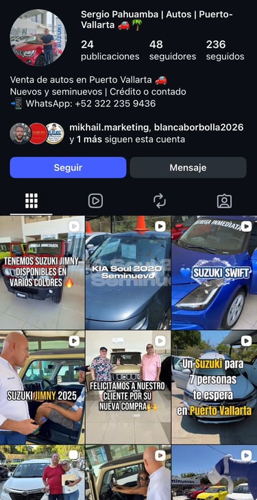 Perfil de Instagram de Sergio Pahuamba, vendedor de autos Suzuki y Kia en Puerto Vallarta.