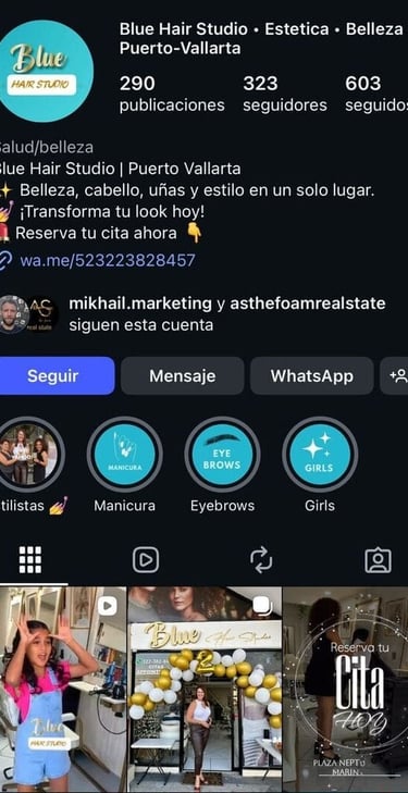 Perfil de Instagram de Blue Hair Studio en Puerto Vallarta que muestra servicios de salón de belleza