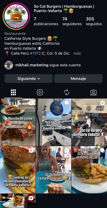Perfil de Instagram de So Cal Burgers en Puerto Vallarta, donde se muestran hamburguesas con queso y