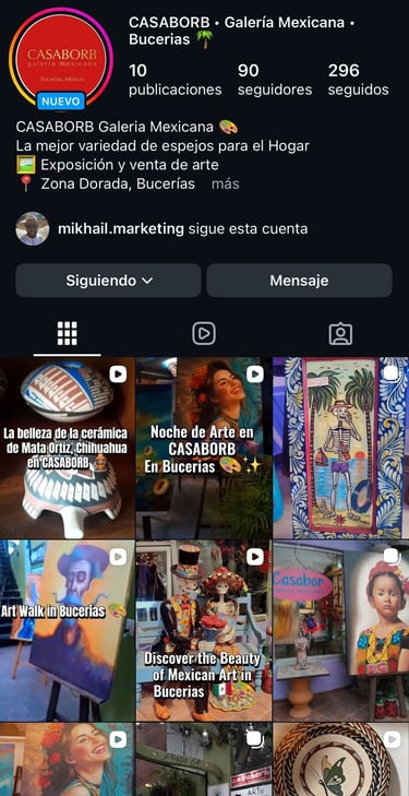 Perfil de Instagram de Casaborb Galería Mexicana, que muestra arte y artesanía mexicana en Bucerías.