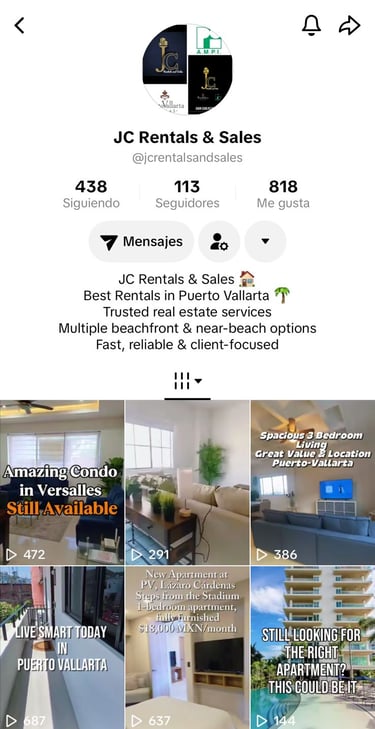 Perfil de Instagram de JC Rentals and Sales, que presenta propiedades inmobiliarias de lujo y alquil