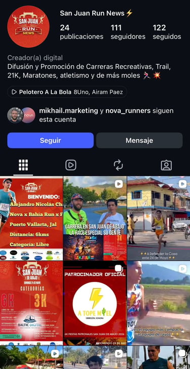 Perfil de Instagram de San Juan Run News con promociones de maratones, carreras de montaña y eventos