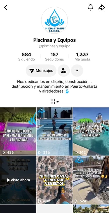 Perfil de TikTok de Piscinas y Equipos que muestra el diseño y la construcción de piscinas en Puerto