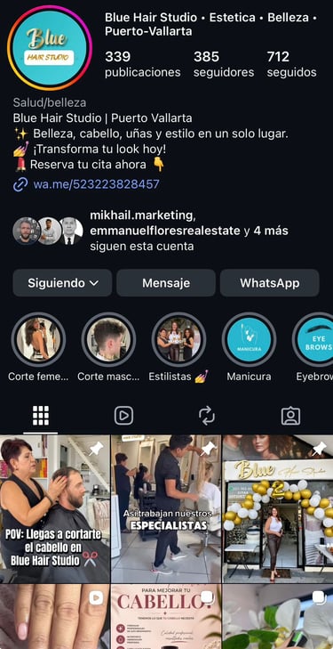 Perfil de Instagram de Blue Hair Studio, un salón de belleza en Puerto Vallarta que ofrece servicios