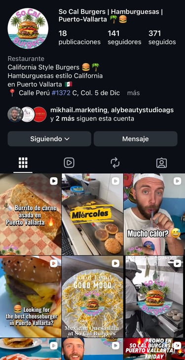 Captura de pantalla del perfil de Instagram de So Cal Burgers, que muestra una cuadrícula de hamburg