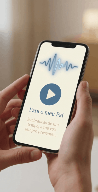 Hand holding a smartphone playing a personalized audio message for Father's Day with a sound wave icon.