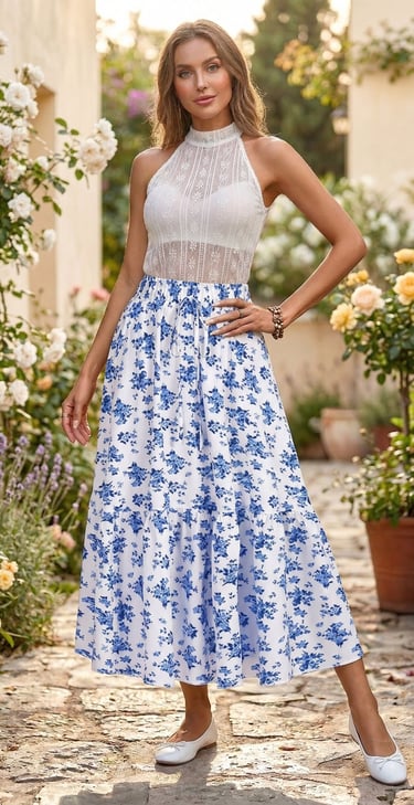 Falda maxi escalonada · Estampado floral azul · Cintura elástica · Estilo boho-verano