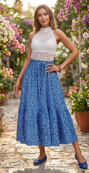 Falda maxi escalonada · Estampado floral azul · Cintura elástica · Estilo boho-verano