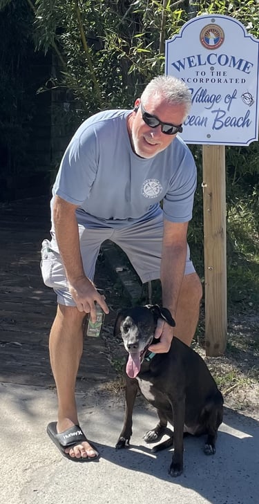 Steve and his dog Mia at Fire Island NY