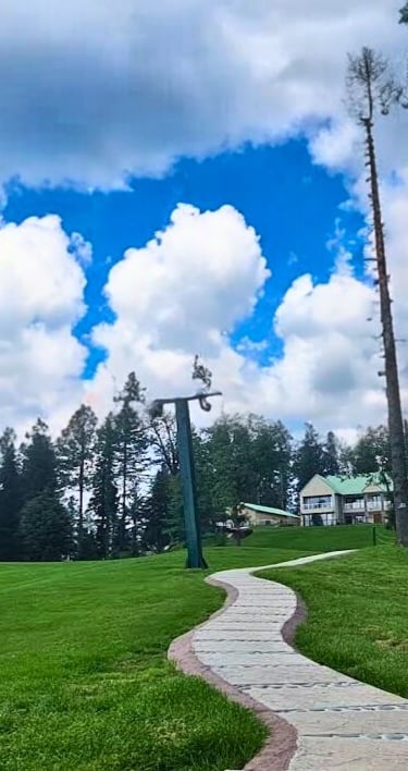 a path leading to a grassy field with a path leading to a house at greenspot nathiagali 