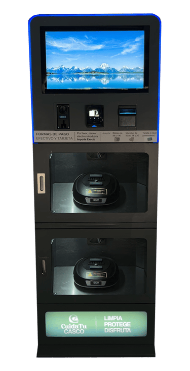 Máquina automática CuidaTuCasco para limpieza de cascos de moto con vapor, aroma y luz ultravioleta.