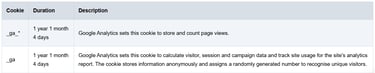 Table detailing Google Analytics cookie durations and descriptions for tracking page views and visitor data.