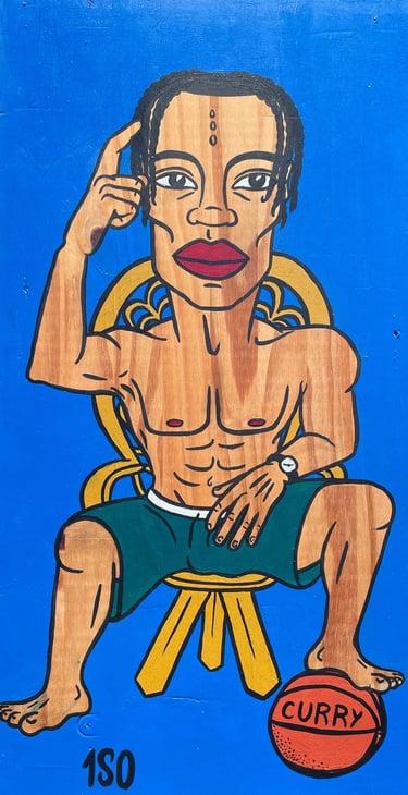Peinture acrylique sur bois de récupération - Caricature pour cadeau d'anniversaire d'un basketteur